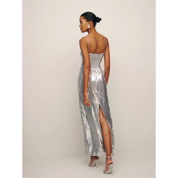 Reformation Frankie Sequin Midi Dress Gown in Silver Sequin - Picture 2 of 13